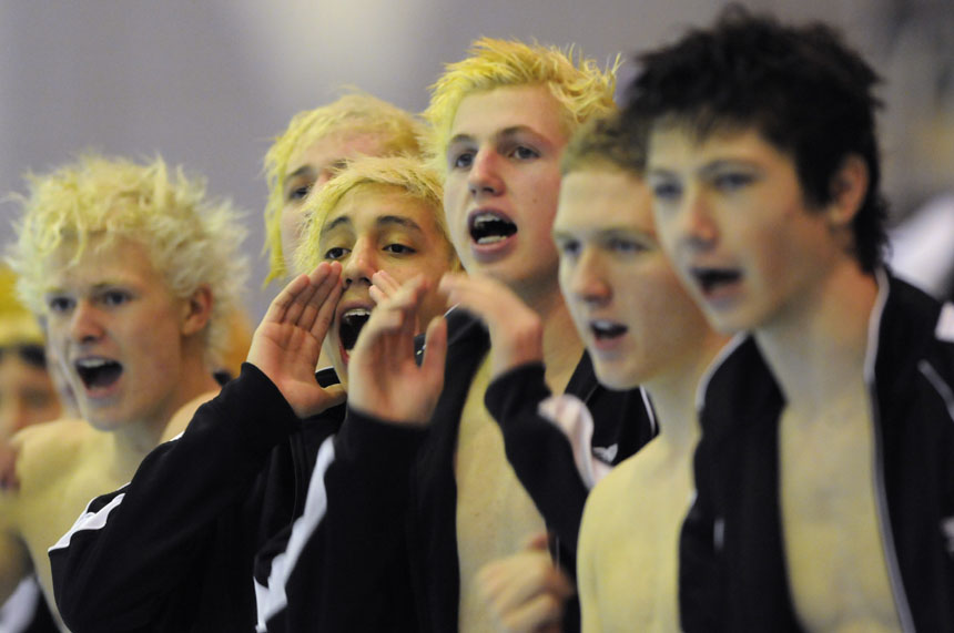 South swimmers cheer on their teammates during the Counsilman Classic on Saturday, Jan. 23, 2010, at IU's Royer Pool.