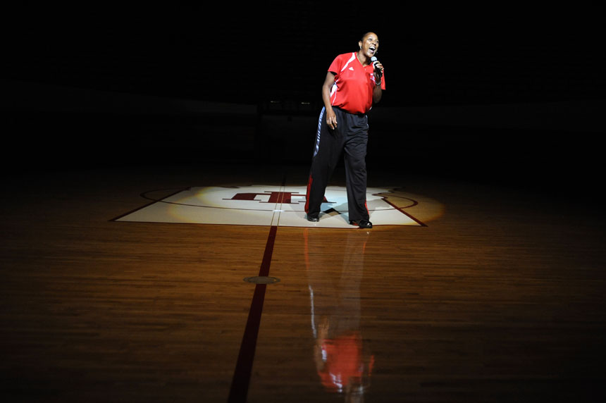 IU women's basketball coach Felisha Legette-Jack addresses the audience during Traditions and Spirit of IU on Friday, Aug. 28, 2009, at Assembly Hall.