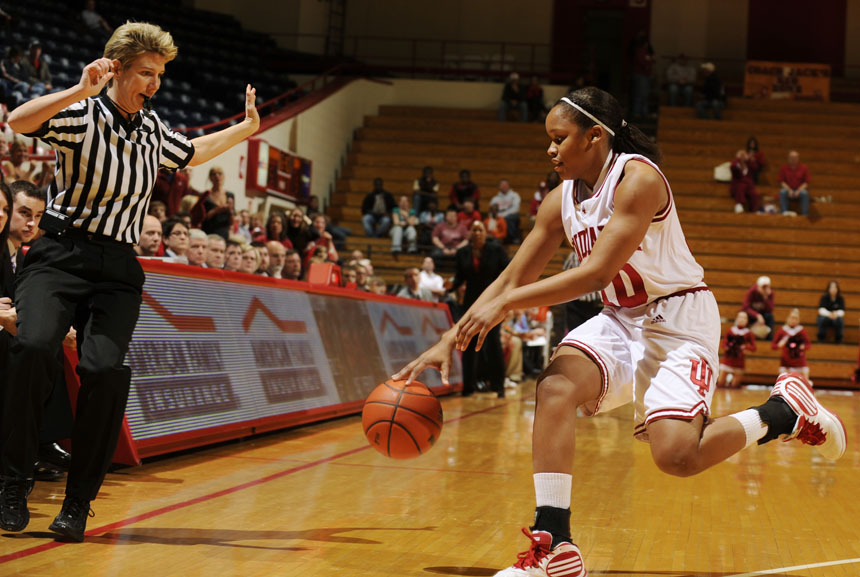 Indiana guard Andrea McGuirt chases down a loose ball in the corner during a game against Iowa on Thursday, Feb. 11, 2010, at Assembly Hall.