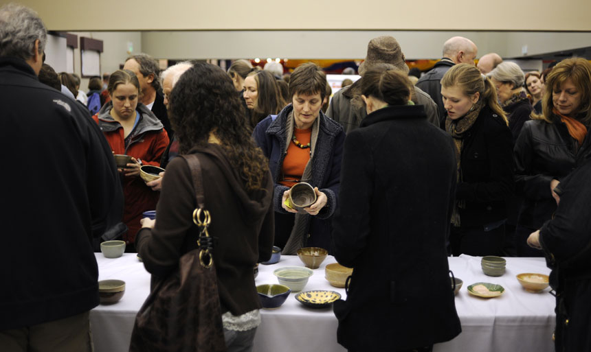 Patrons select bowls made by local artists for their soup during the 16th Annual Soup Bowl on Sunday, Feb. 21, 2010, at the Bloomington Convention Center. The event was a benefit for the Hoosier Hills Food Bank.