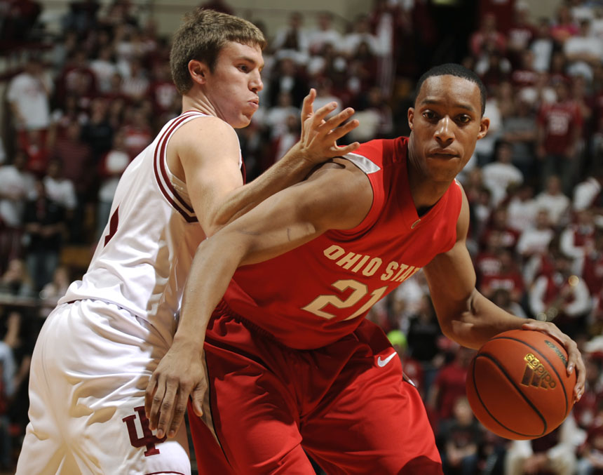 Ohio State guard/forward Evan Turner drives to the basket in front of Indiana guard Jordan Hulls during a game on Wednesday, Feb. 10, 2010, at Assembly Hall in Bloomington, Ind. (James Brosher / For The Star)