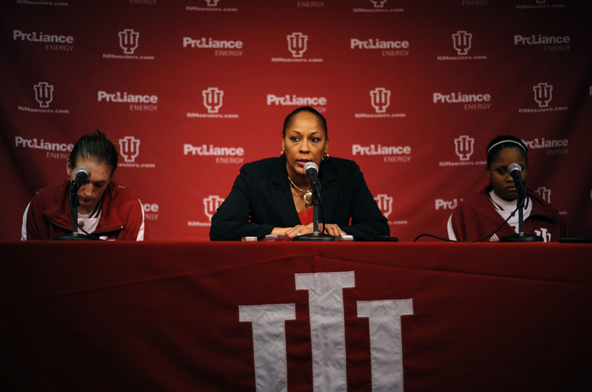 Indiana coach Felisha Legette-Jack addresses the media with guard Jamie Braun, left, and guard Andrea McGuirt following a 71-67 loss to Iowa on Thursday, Feb. 11, 2010, at Assembly Hall.