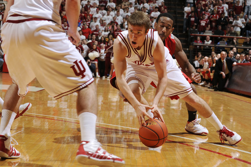 Indiana guard Jordan Hulls grabs a loose ball during a game against Ohio State on Wednesday, Feb. 10, 2010, at Assembly Hall in Bloomington, Ind. (James Brosher / For The Star)