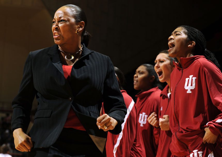 IU coach Felisha Legette-Jack reacts after a score in the second half of a game against Iowa on Thursday, Feb. 11, 2010, at Assembly Hall. IU lost 71-67.