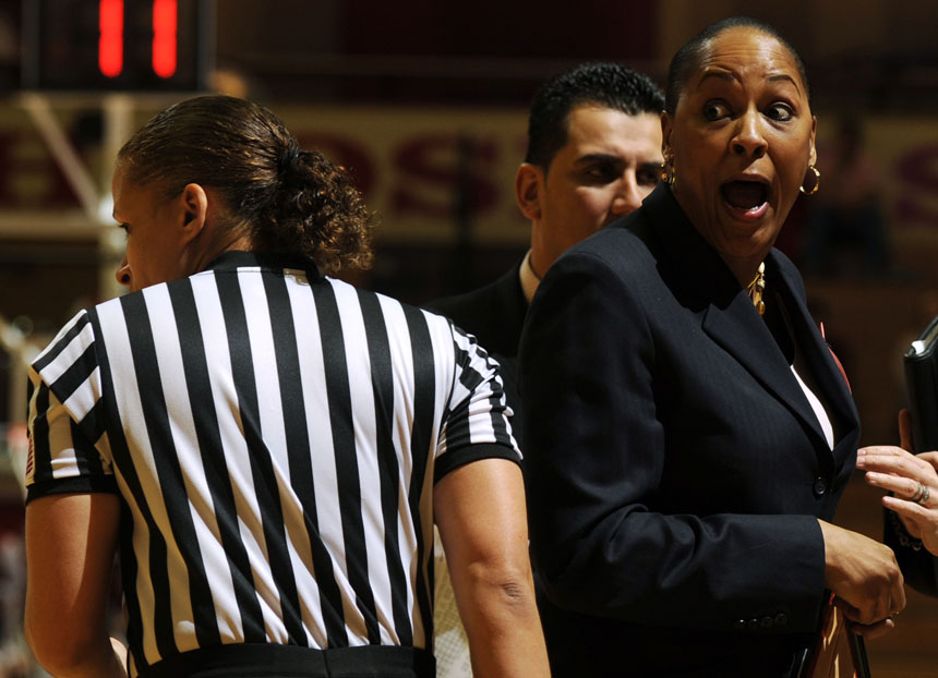 IU coach Felisha Legette-Jack argues with an official during a timeout in a game against Minnesota on Sunday, Feb. 21, 2010, at Assembly Hall. IU lost 59-50.