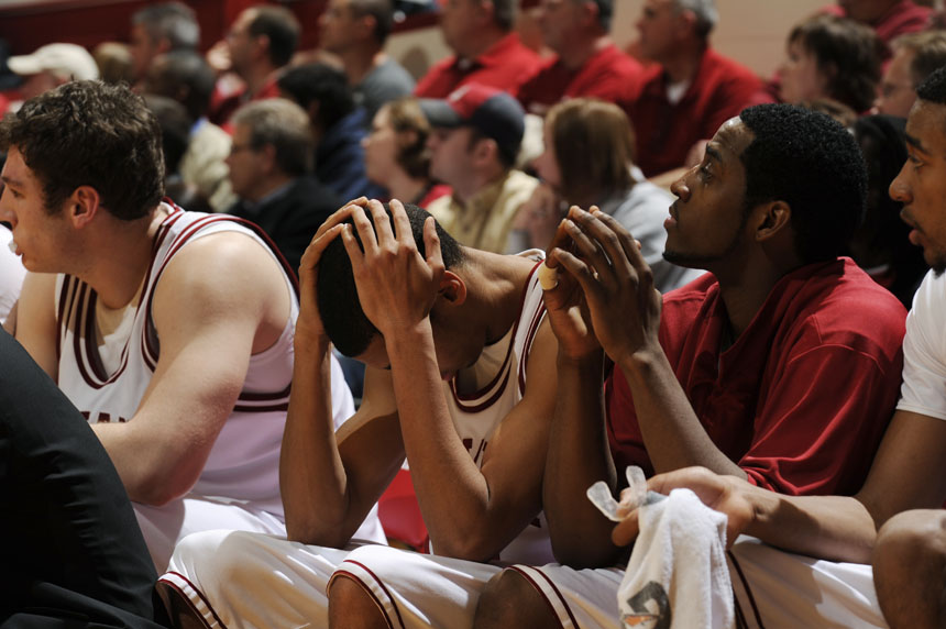 Indiana guard Verdell Jones III puts his head in his hands during a game against Ohio State on Wednesday, Feb. 10, 2010, at Assembly Hall in Bloomington, Ind. (James Brosher / For The Star)