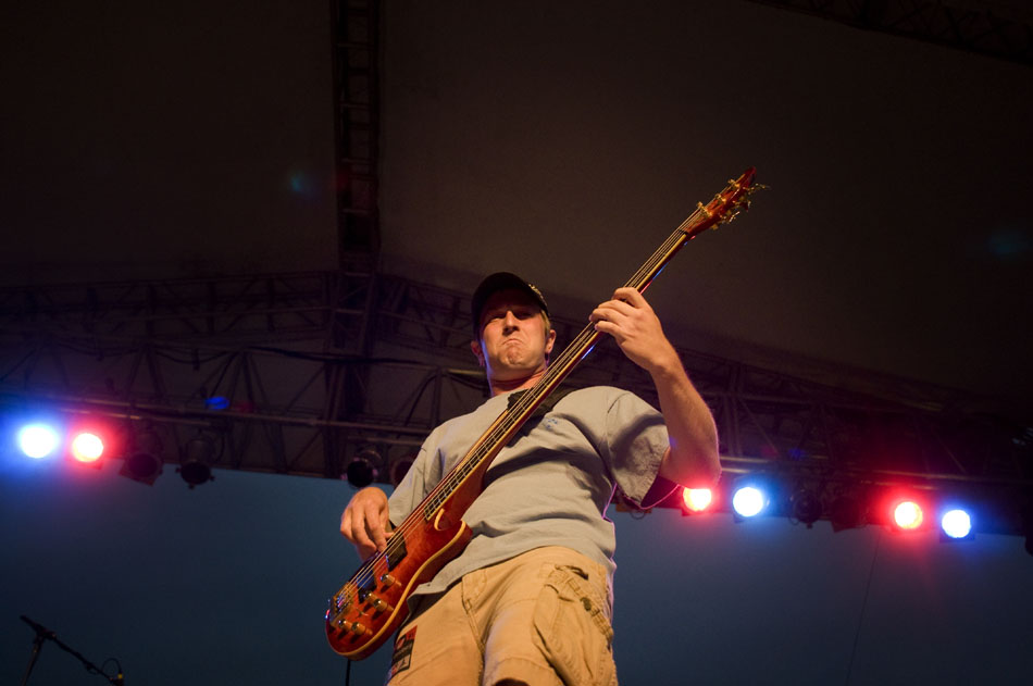 Easy Riders bassist Pat Connolly makes a face as he navigates through a song with the band during a performance on Friday, Sept. 3, 2010, at the Illinois Blues Festival on the Riverfront.