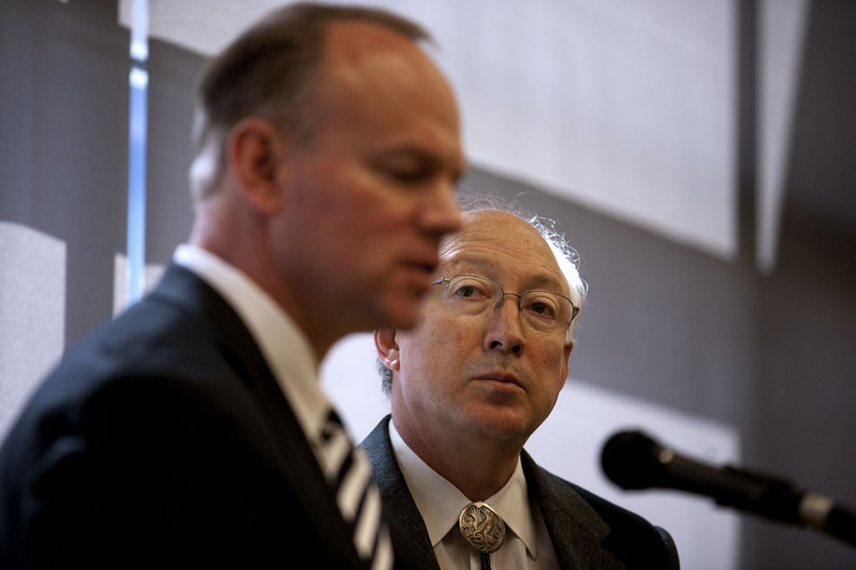 Secretary of the Interior Ken Salazar listens as Wyoming Gov. Matt Mead answers a question during a press conference announcing coal lease sales in Wyoming on Tuesday, March 22, 2011, at Cheyenne South High School in Cheyenne, Wyo. The tracts to be leased contain an estimated 758 million tons of low sulfur coal.