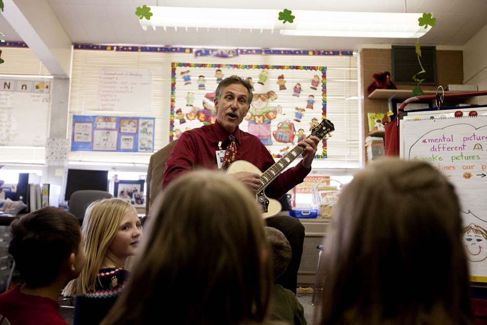 Mark Stock, superintendent of Laramie County School District No. 1, plays the guitar for a class of kindergarten students on Thursday, March 24, 2011, at Jessup Elementary. Stock was at the school teaching in place of Kathleen Blaes-Garcia for the day. "It's been refreshing," said Stock, who taught third and sixth graders for eight years before becoming an administrator.