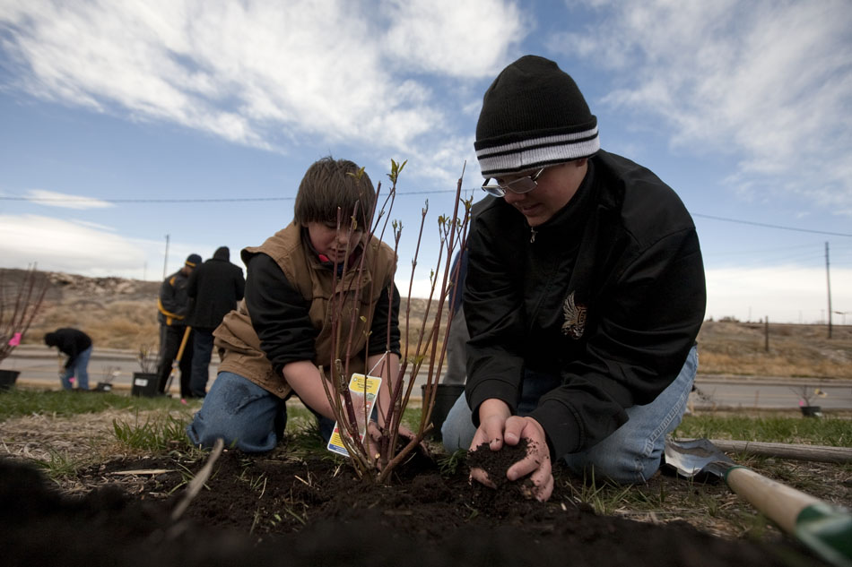 Quintin Schwarting, age 12, right, reaches out to pull a mound of dirty over the roots of a shrub as he and Austin Gay, age 12, work during a landscaping project on Saturday, April 16, 2011, along Ames Avenue in Cheyenne. The two scouts from Troop 101 were one of several to volunteer to plant trees, shrubs and flowers along an embankment at the Union Pacific rail yard.
