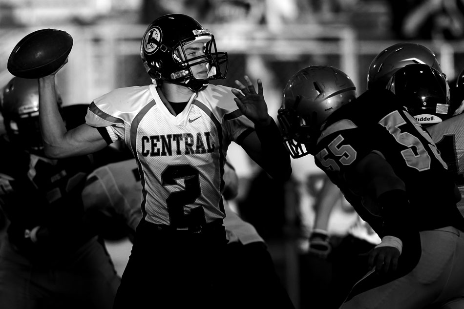 Cheyenne Central quarterback Kyler Robinson looks to pass during a Class 4A football game on Friday, Sept. 2, 2011, at Cheyenne South High School. Central won 63-0.