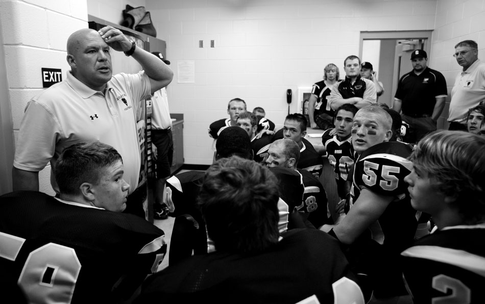 Cheyenne South coach Tracy Pugh talks to his players in the locker room before a Class 4A football game on Friday, Sept. 2, 2011, at Cheyenne South High School. Central won 63-0.