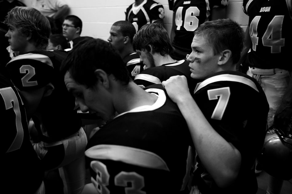 Cheyenne South quarterback Zach Wilkinson (7) leans on teammate Andy Moyte (33) in the locker room before a Class 4A football game on Friday, Sept. 2, 2011, at Cheyenne South High School. Central won 63-0.