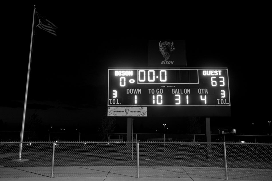 The clock expires as Cheyenne South loses to Cheyenne Central 63-0 during a Class 4A football game on Friday, Sept. 2, 2011, at Cheyenne South High School.