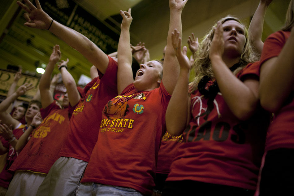 Elkhart Memorial fans react as their team makes a second-half comeback during a Class 4A semistate on Saturday, March 17, 2012, at Huntington North High School in Huntington, Ind. (James Brosher/South Bend Tribune)