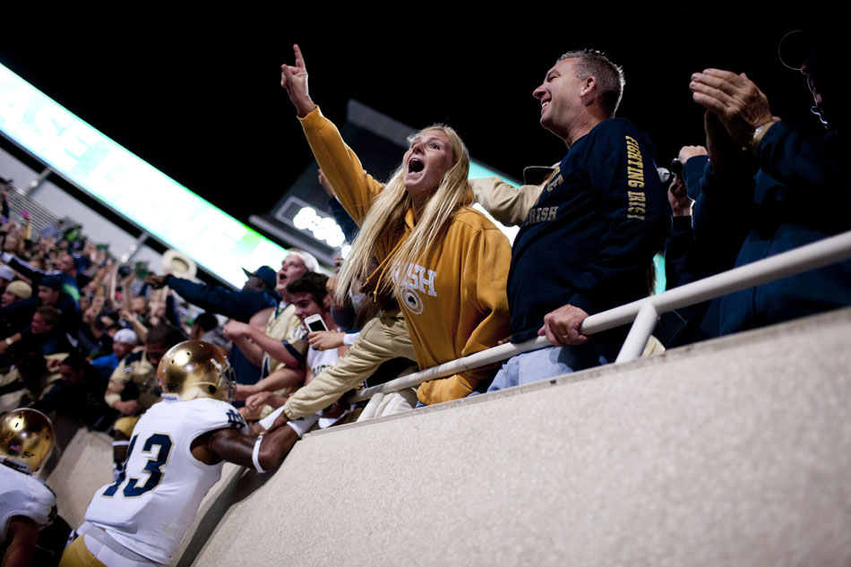 Notre Dame fans erupt in celebration after a 20-3 win against Michigan State on Saturday, Sept. 15, 2012, in East Lansing, Mich. (James Brosher/South Bend Tribune)
