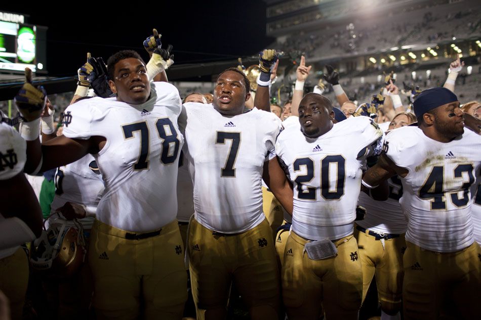 Notre Dame players sing the alma mater after a 20-3 win against Michigan State on Saturday, Sept. 15, 2012, in East Lansing, Mich. (James Brosher/South Bend Tribune)