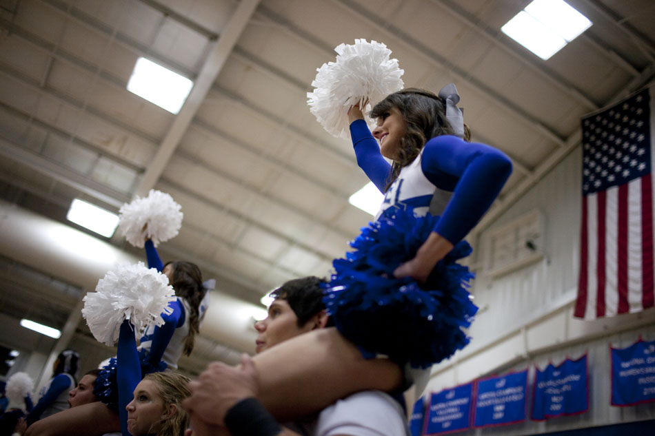 Bethel cheerleaders wait for the opening tip off before a game on Tuesday, Oct. 30, 2012, at Bethel College in Mishawaka. (James Brosher/South Bend Tribune)