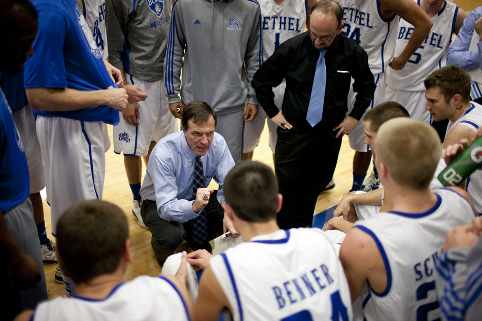 Bethel coach Mike Lightfoot talks to his players during a game on Tuesday, Oct. 30, 2012, at Bethel College in Mishawaka. (James Brosher/South Bend Tribune)