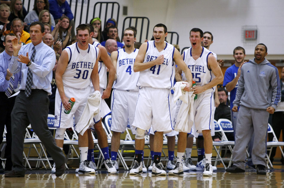 The Bethel bench erupts after a teammate scored and was fouled during a game on Tuesday, Oct. 30, 2012, at Bethel College in Mishawaka. (James Brosher/South Bend Tribune)