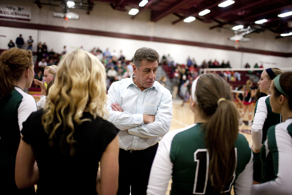 Berrien Springs coach Jim Bermingham talks with his players before a district semi-final on Wednesday, Oct. 31, 2012, in Buchanan, Mich. (James Brosher/South Bend Tribune)