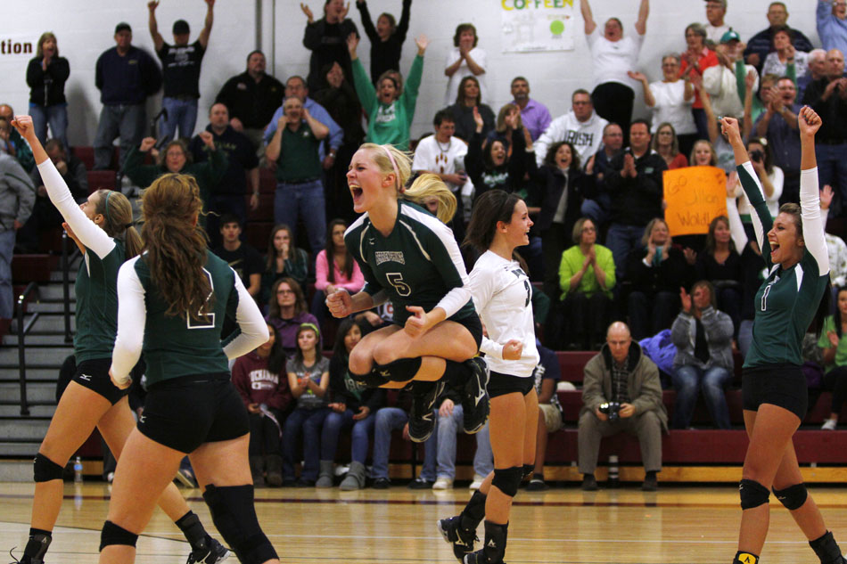 Berrien Springs players including Courtney Knuth (5) erupt after the team scored to defeat Lakeshore in a district semi-final on Wednesday, Oct. 31, 2012, in Buchanan, Mich. (James Brosher/South Bend Tribune)
