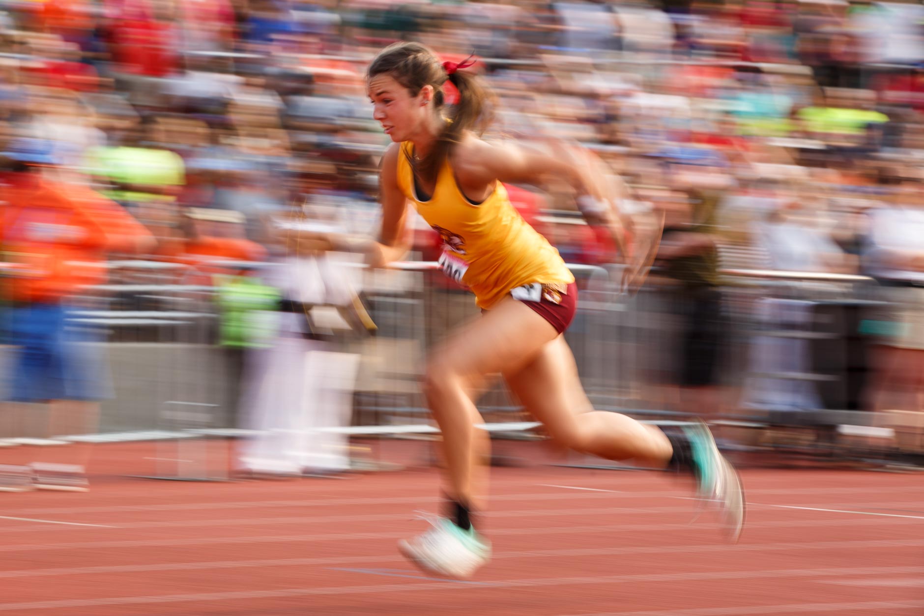 Bloomington's Taylor Storm competes in the 4x100 meter relay during the IHSAA Girls Track and Field State Finals in Bloomington, Indiana on Saturday, June 1, 2019. (James Brosher for The Herald-Times)