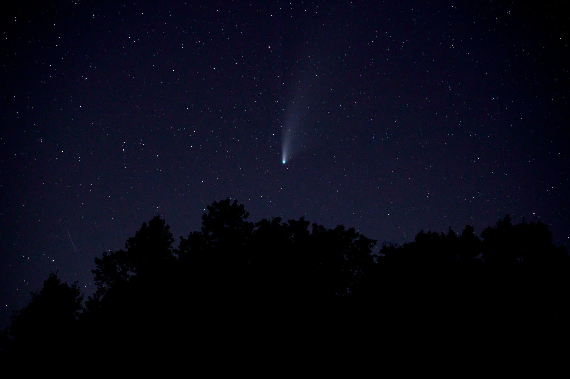 Comet NEOWISE is seen in the night sky near the Tulip Viaduct in rural Greene County, Indiana on Thursday, July 23, 2020. (Photo by James Brosher)